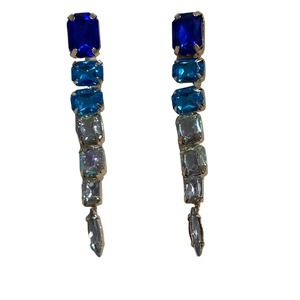 3/$39- Blue Multi Clear Rhinestone 3" Drop Dangle Glam Earrings Special Occasion